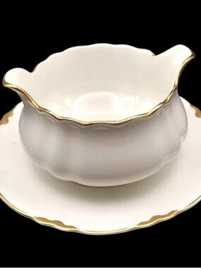 Vintage Patrician Porcelain Gravy Bowl w/ Affixed Underplate Warranted 18k Gold
